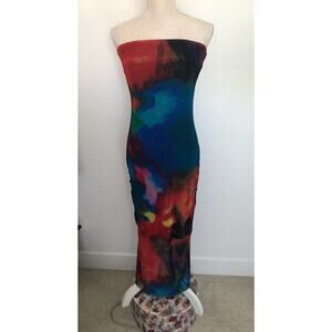 Commense Rainbow Watercolor Mesh Strapless Tube Midi Dress - S